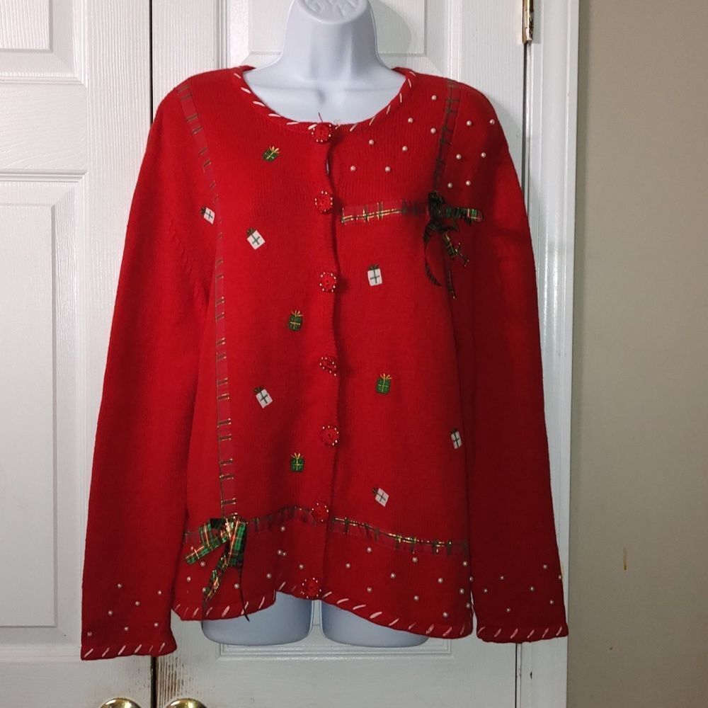 Designers Originals Studio Joy red holiday christmas presents cardigan  Sz XL
